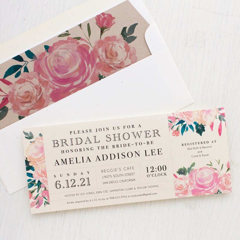 Unique Bridal Shower 3.00each Pink Watercolor Boho Shower Card with Matching Envelope Liner Pink Floral Bridal Shower Invitation