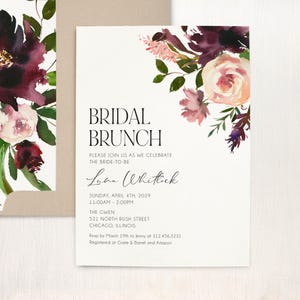 May include: Bridal brunch invitation with a watercolor floral design in shades of burgundy, pink, and green. The invitation features the text "Bridal Brunch" and the bride-to-be's name, "Luna Whittick". The event details include the date, time, location, and RSVP information.