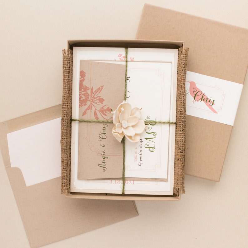 Rustic Elegant Blush and Ivory Box Wedding Invitation Peach Love Birds Sample image 2