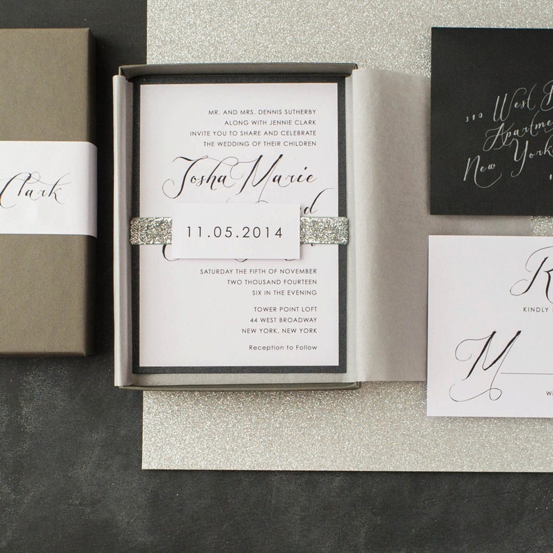 Calligraphy Wedding Invitations Glitter Boxed Wedding Etsy
