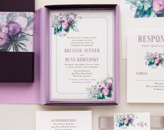 Lavender and Lilac Box Wedding Invitation - Watercolor Rose - Sample