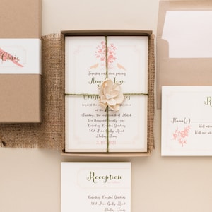 Rustic Elegant Blush and Ivory Box Wedding Invitation Peach Love Birds Sample image 1