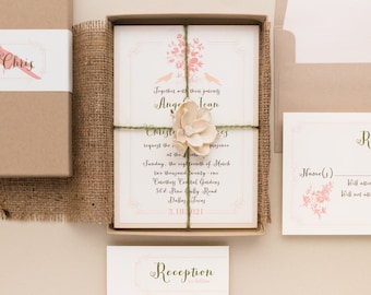 Rustic Elegant Blush and Ivory Box Wedding Invitation - Peach Love Birds - Sample