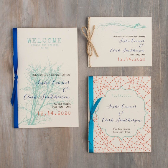 coral aquq blue wedding ceremony programs with twine ribbon etsy
