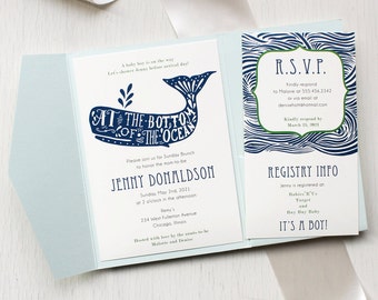 Blue Whale Baby Shower Invitations, Nautical Themed Invitations - Pale Aqua Solid Pocket, Navy Blue, Lime Green, Customizable - "Blue Whale"
