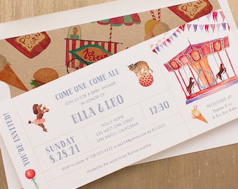 Circus Baby Shower Invitations, Fun Zoo Animal Baby Shower Card with Matching Envelope Liner, Unique Baby Shower, 3.00/each - "Circus Time"