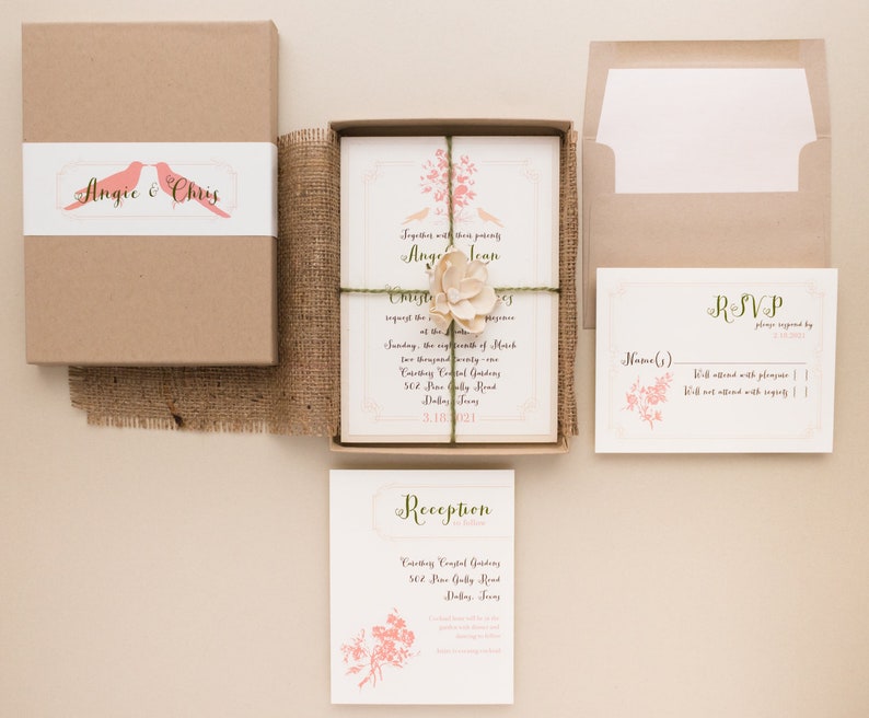 Rustic Elegant Blush and Ivory Box Wedding Invitation Peach Love Birds Sample image 4