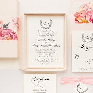 Klassische und traditionelle Pfingstrose Blumenkasten-Hochzeits-Einladung - rosa Pfingstrosen - Probe
