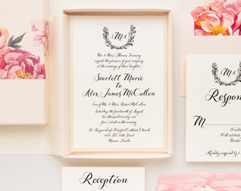 Classic and Traditional Peony Floral Box Wedding Invitation - Pink Peonies - Sample