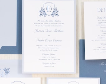 Floral Crest Blue - Wedding Invitation - Sample