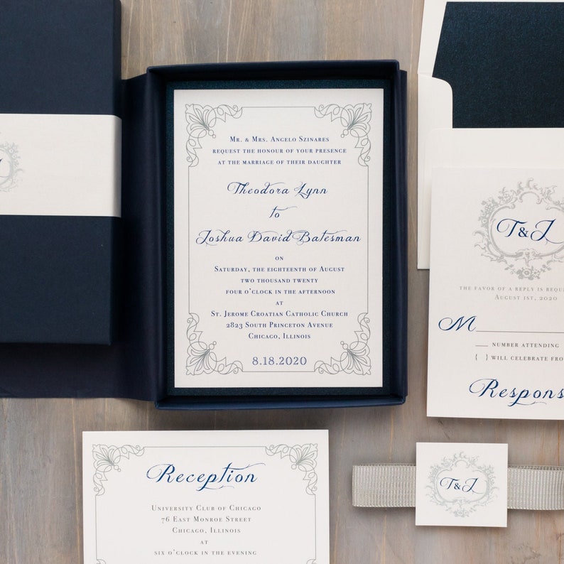 Navy Box Monogram Wedding Invitation Classic Love Sample image 1