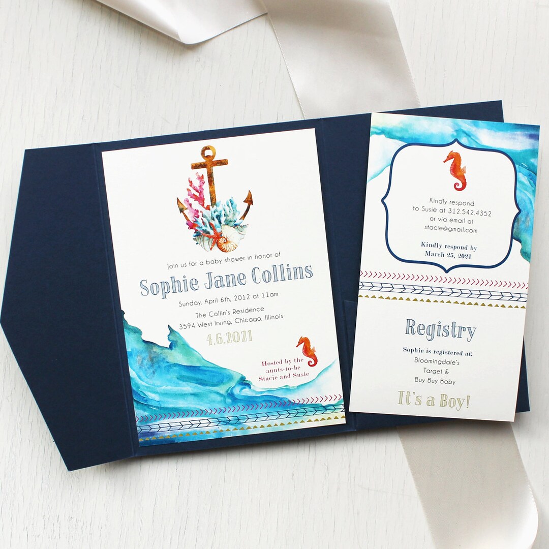 Nautical Themed Baby Shower Invitations, Customizable, Navy Pocket