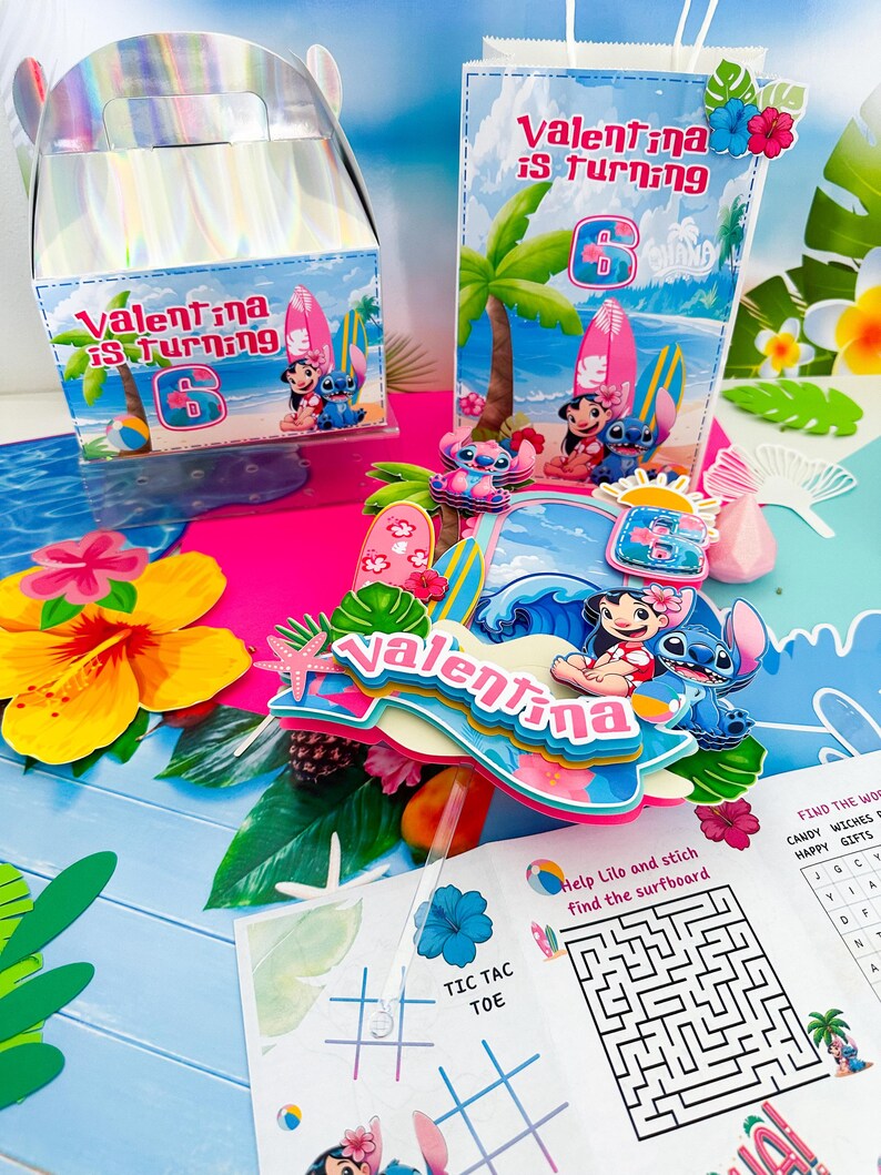 May include: A party set with a tropical beach theme, featuring the text "Valentina is turning 6". The set includes a gift box, treat bags, and decorations with Lilo & Stitch characters, surfboards, and flowers. There is also a tic-tac-toe game and a maze.