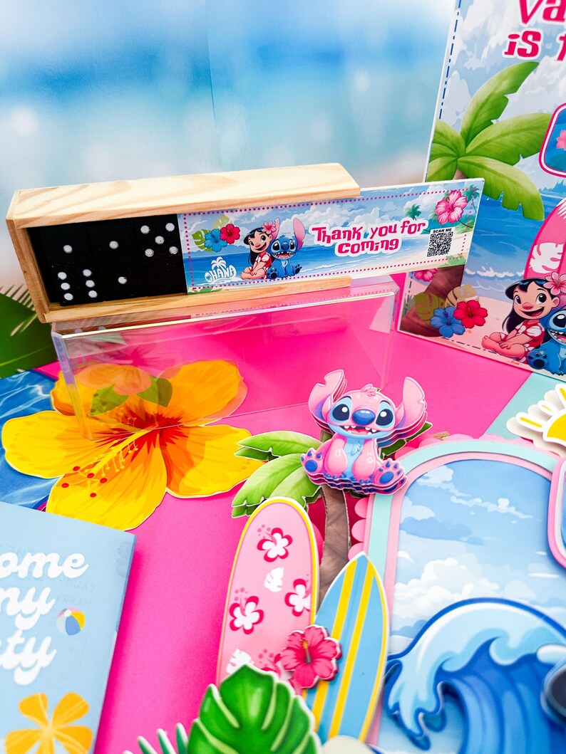 May include: A wooden domino set with black dominoes and white dots, featuring a decorative label with cartoon characters and the text "Thank you for coming." The scene includes tropical-themed party decorations with surfboards and flowers.