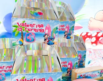 Adorno para tarta de Stitch/Caja de regalo de Stitch/Recuerdos personalizados de Stitch/Decoración de fiesta de Stitch/Fiesta de cumpleaños tropical Aloha/Adorno de cumpleaños hawaiano