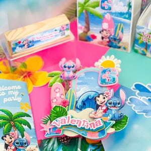 May include: A vibrant party set with Lilo and Stitch designs. The set includes a cake topper with the name "Valentina", gift bags, and a wooden box. The theme is a beach party, with surfboards and palm trees, perfect for a child's birthday celebration.