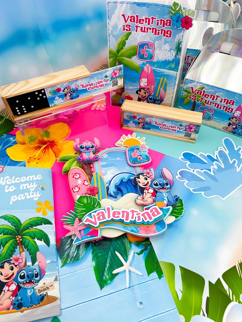 May include: Party decorations with Lilo and Stitch theme. Includes a cake topper, invitation cards, gift boxes, and wooden boxes with dominoes. The theme is a beach party with surfboards and tropical flowers. The text "Valentina is turning 6" is visible.