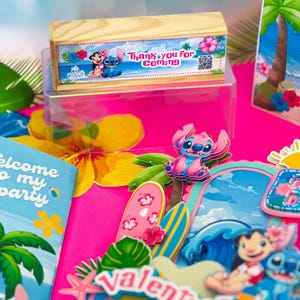 May include: A wooden box decorated with Lilo and Stitch characters and the text "Thank you for Coming". The image also shows party decorations with surfboards, hibiscus flowers, and the name "Valentina", all in vibrant colours.