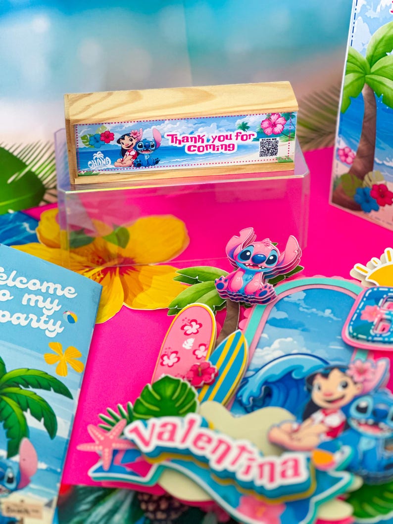 May include: A wooden box decorated with Lilo and Stitch characters and the text "Thank you for Coming". The image also shows party decorations with surfboards, hibiscus flowers, and the name "Valentina", all in vibrant colours.