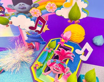Trolls cake topper, Trolls 3D letters, trolls birthday decoration,Trolls favor box, Trolls banner,Trolls centerpiece