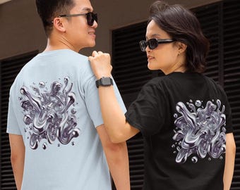May include: Two people wearing t-shirts with a swirling, abstract design on the back. One shirt is light blue, the other is black. Both shirts have short sleeves and are paired with shorts. The background features a building with a dark, slatted wall.