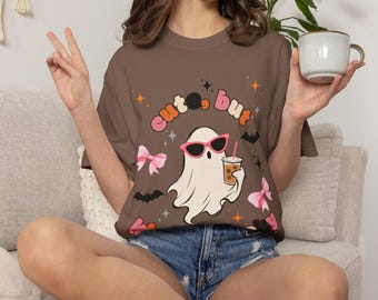 T-Shirt mit Geist und Kaffee | Gruseliges Halloween-T-Shirt mit Grafik