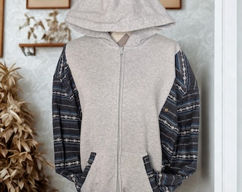 Gray & Blue Patterned Sleeve, Zip Up Hoodie