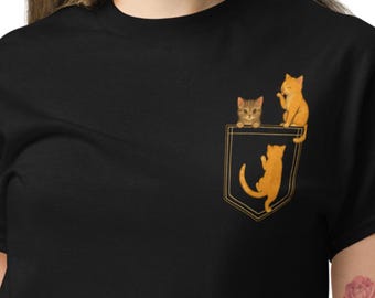 Funny cat t shirt pocket kitten tee cute cats climbing cleaning peeking shirt cat lover gift (plus sizes available)