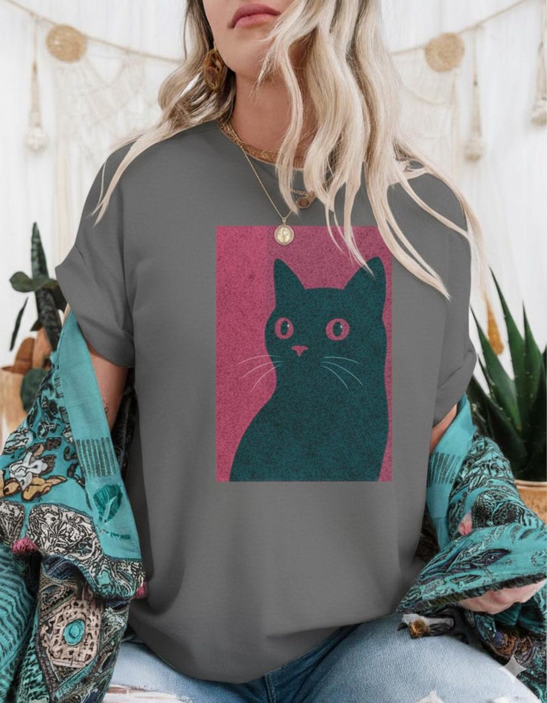 Black Cat T Shirt Minimalist Pop Art Tee Retro Cat Graphic Shirt Rose ...