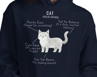 Sudadera con capucha de gato divertida, anatomía de un gato, sudadera con capucha con diagrama de gato dibujado a mano, regalo para amantes de los gatos unisex (tallas grandes disponibles)
