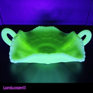 Uranium Glass Custard Fenton Butterfly Handled Bonbon Dish UV Reactive Macabre Art & Magickal Accoutrements by LadyAlchemy13