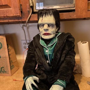 Könnte beinhalten: Eine Frankenstein-Monster-Puppe, die einen grünen Satin-Pyjama mit weißem Besatz, einen schwarzen Plüsch-Bademantel und schwarze Hausschuhe trägt. Die Puppe hat grüne Haut, schwarzes Haar und eine Narbe auf der Stirn. Die Puppe sitzt auf einer Arbeitsplatte.