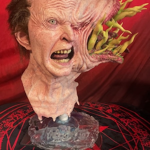 May include: A grotesque, detailed bust of a human head with a large, mutated growth on the right side. The head is pale with visible veins, wrinkles, and an open mouth. The growth features yellow, tentacle-like protrusions.