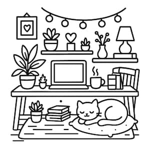 May include: Black and white line art illustration of a desk with a laptop, coffee cup, books, and a sleeping cat on a pillow. The desk is decorated with plants, a framed heart, a lamp, and string lights.