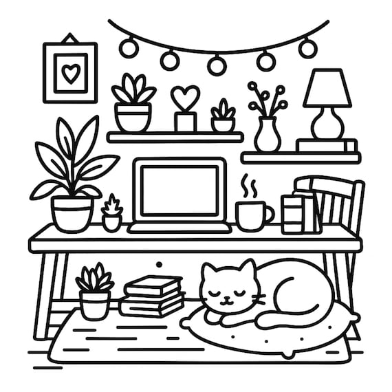 Cozy Kitchen Cat Coloring Page – Cute Home Interior Coloring Book, Kawaii Cat Relaxing Scene, Cozy Home Coloring Printable for Adults & Kids