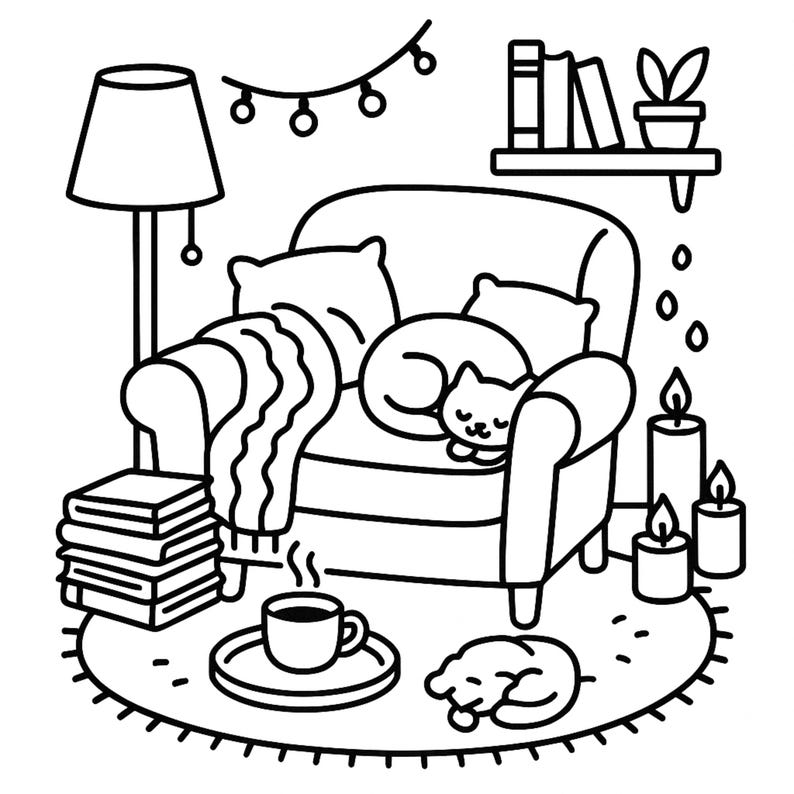 May include: Black and white illustration of a cozy living room scene. A cat sleeps on an armchair with a blanket, next to a stack of books, a coffee cup, and lit candles. A second cat sleeps on the rug.