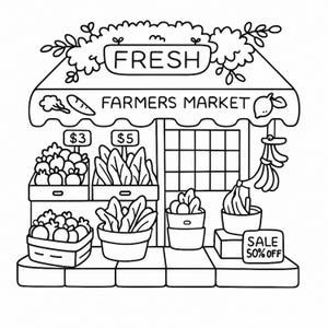 May include: Black and white illustration of a farmers market stall. The stall has a sign that says "FRESH" and "FARMERS MARKET". There are boxes and pots of produce, with price tags of $3 and $5. A sign indicates a sale of 50% off.