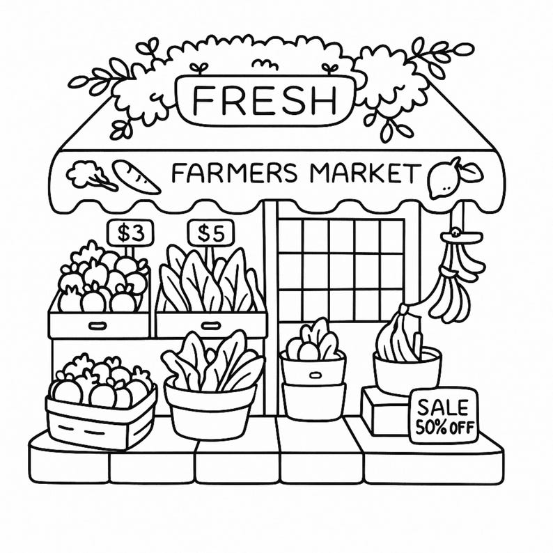 May include: Black and white illustration of a farmers market stall. The stall has a sign that says "FRESH" and "FARMERS MARKET". There are boxes and pots of produce, with price tags of $3 and $5. A sign indicates a sale of 50% off.