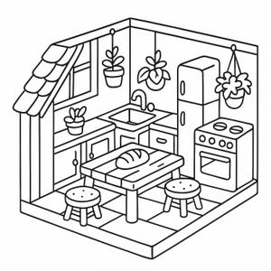 May include: Black and white line art illustration of a kitchen interior. The kitchen features a table with a loaf of bread, two stools, a sink, cabinets, a refrigerator, and a stove. Potted plants hang from the ceiling.