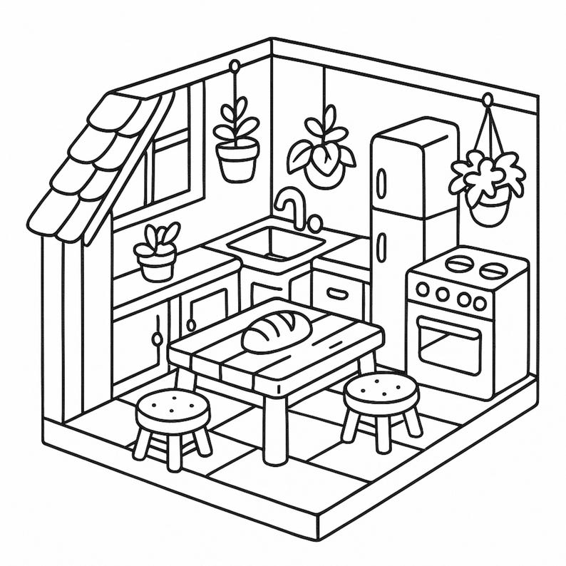 May include: Black and white line art illustration of a kitchen interior. The kitchen features a table with a loaf of bread, two stools, a sink, cabinets, a refrigerator, and a stove. Potted plants hang from the ceiling.