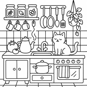 May include: Black and white line art illustration of a kitchen scene. A cat sits on the countertop next to a sink, stove, and oven. Kitchen utensils, jars, and mugs hang above. A teapot and tomatoes are also visible.