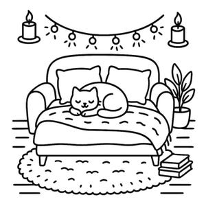May include: Black and white illustration of a cozy scene. A cat is curled up asleep on a sofa with pillows and a blanket. String lights and candles are above the sofa. A potted plant and stacked books are on the side.