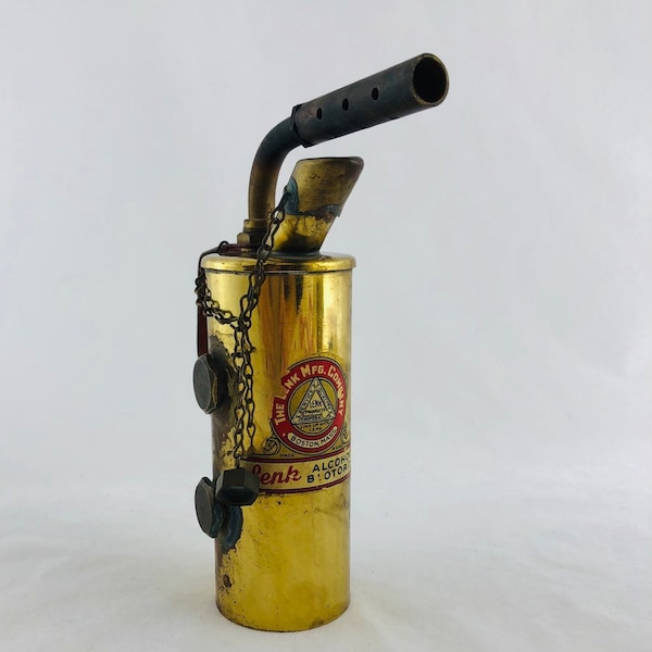 1930's Blowtorch Vintage Art Deco Alcohol Hand Held Fire Burner Blow torch Lesk Antique Advertising Brass Original Label 30s Shop Tool Gift