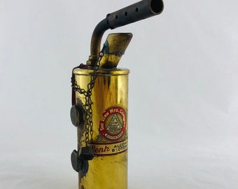 1930's Blowtorch Vintage Art Deco Alcohol Hand Held Fire Burner Blow torch Lesk Antique Advertising Brass Original Label 30s Shop Tool Gift