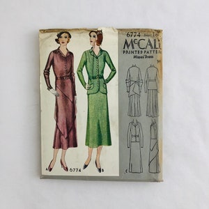 1930s Evening Gown Dress Sewing Pattern Art Deco Vintage NOS McCall 6774 Misses&#39; Bust 34 Size 14 Thirties 30s Antique Dress Factory Folded