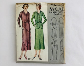 1930 abito da sera Abito da cucito Modello Art Deco Vintage NOS McCall 6774 Misses' Busto 34 Taglia 14 Anni Trenta Anni '30 Abito Antico Fabbrica Piegato