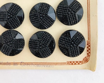 24 Antique Victorian Button Vintage Sewing Czech Glass Buttons 1800's Black Carded New Old Stock Polka Dots Chevron Design on Card NOS
