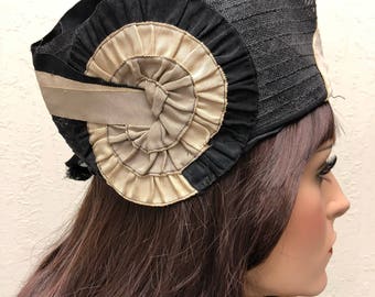 Cloche Hat Flapper 1920s Art Deco 20s Hat Black with Tan Ribbon Color Hat Pin Twenties 20 21 22 inch hat size Cockade 1910 Black Tan Taupe