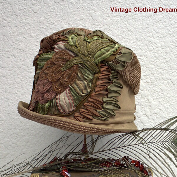 RESERVED for P *** Vintage 20s 1920s Hat Gatsby Cloche Antique Hat Brown Hat Millinery French Ribbon Embroidery