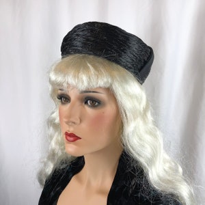 1960&#39;s Hat Vintage I.Magnin Pillbox Chapeau Cocktail Millinery Black with Ribbon One Size Gifts under 100 Label Vegan Hat 60s Faux Straw